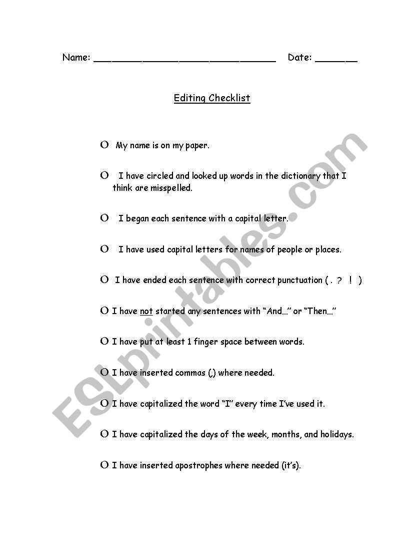 Editing Checklist worksheet