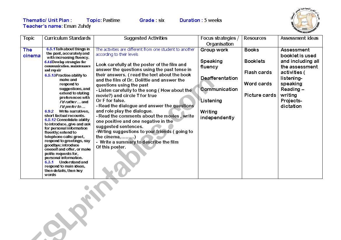 Unit plan form worksheet