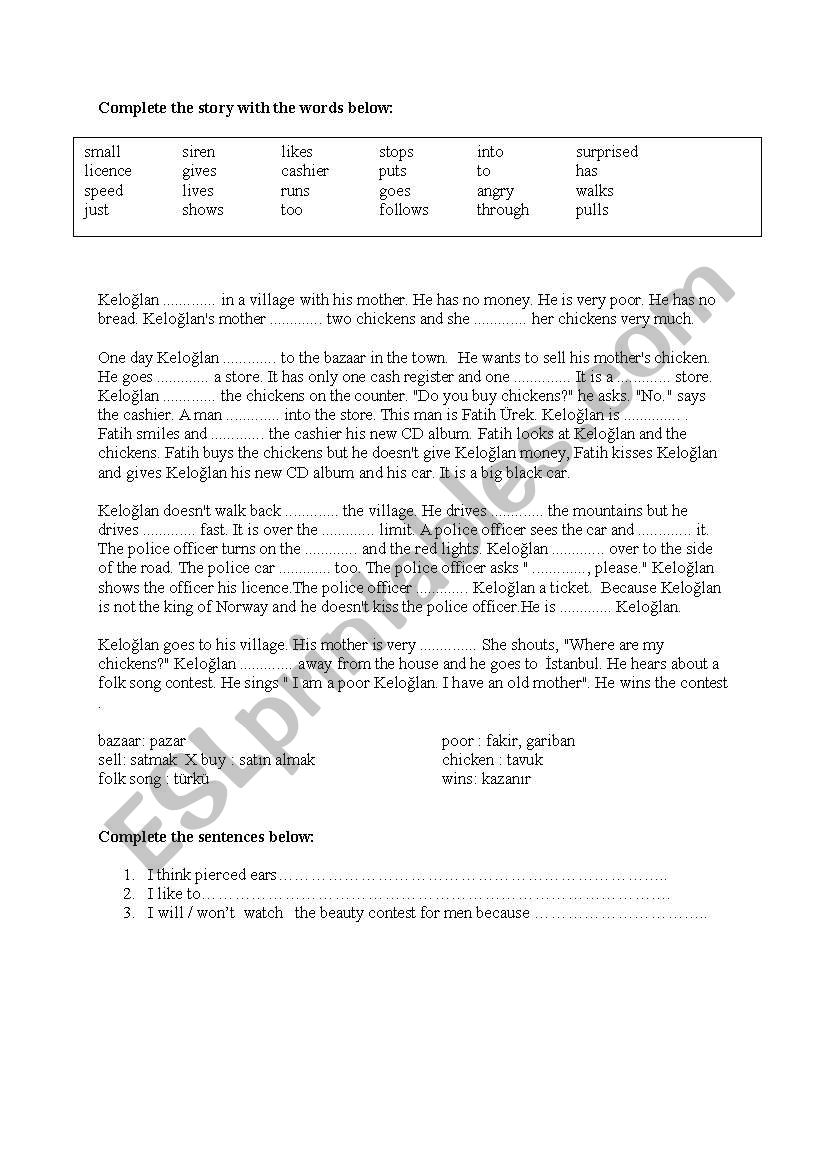 Keloglan story worksheet