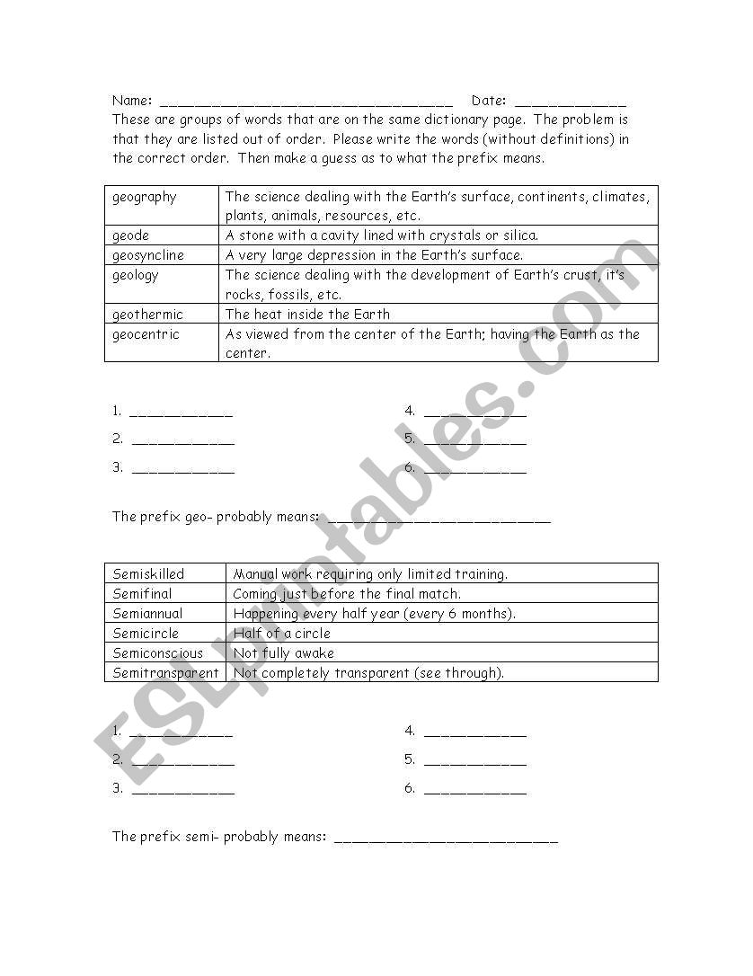 ABC Order with prefixes worksheet