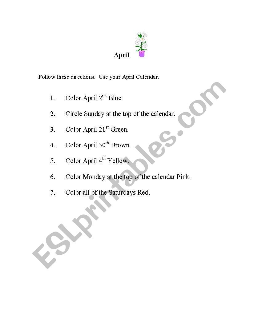 April Calendar Skills worksheet