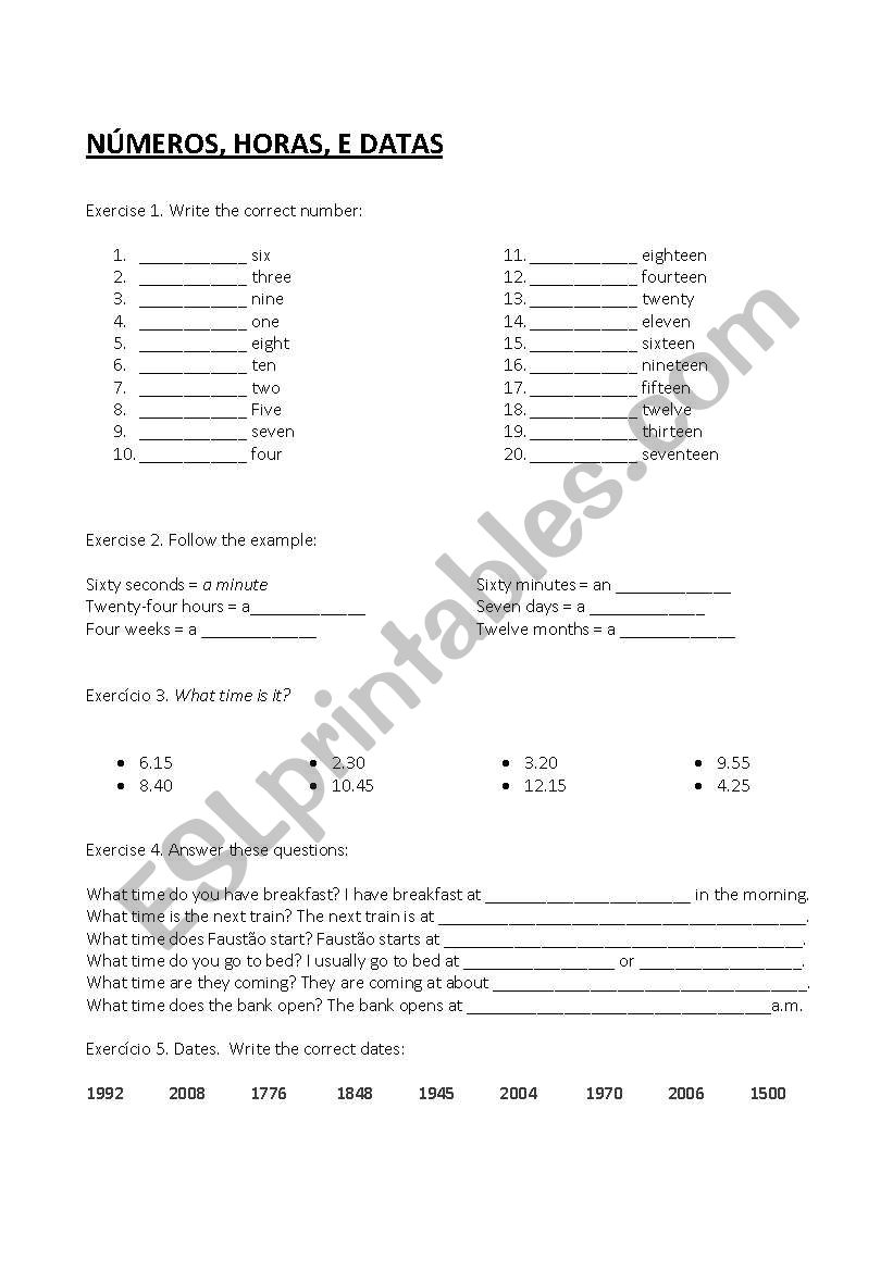 Date and time worksheet