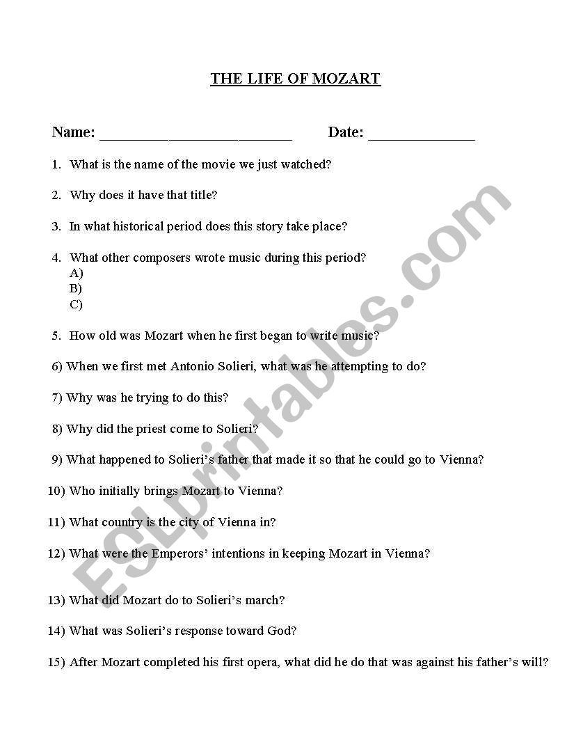 English Worksheets Amadeus Worksheet