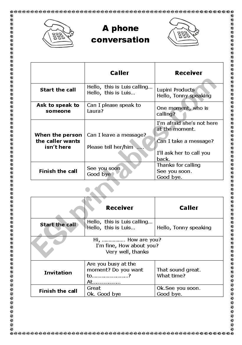 Phone Conversation Esl Worksheet By Joselin 6943