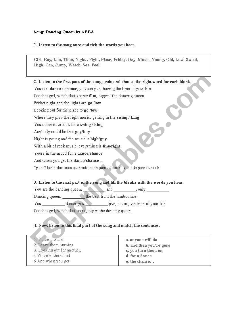 about the song Dancing Queen worksheet