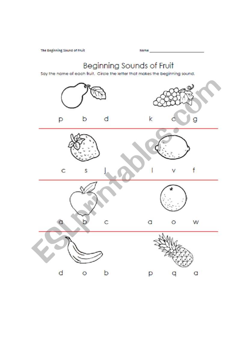 Beginning sound of fruits worksheet