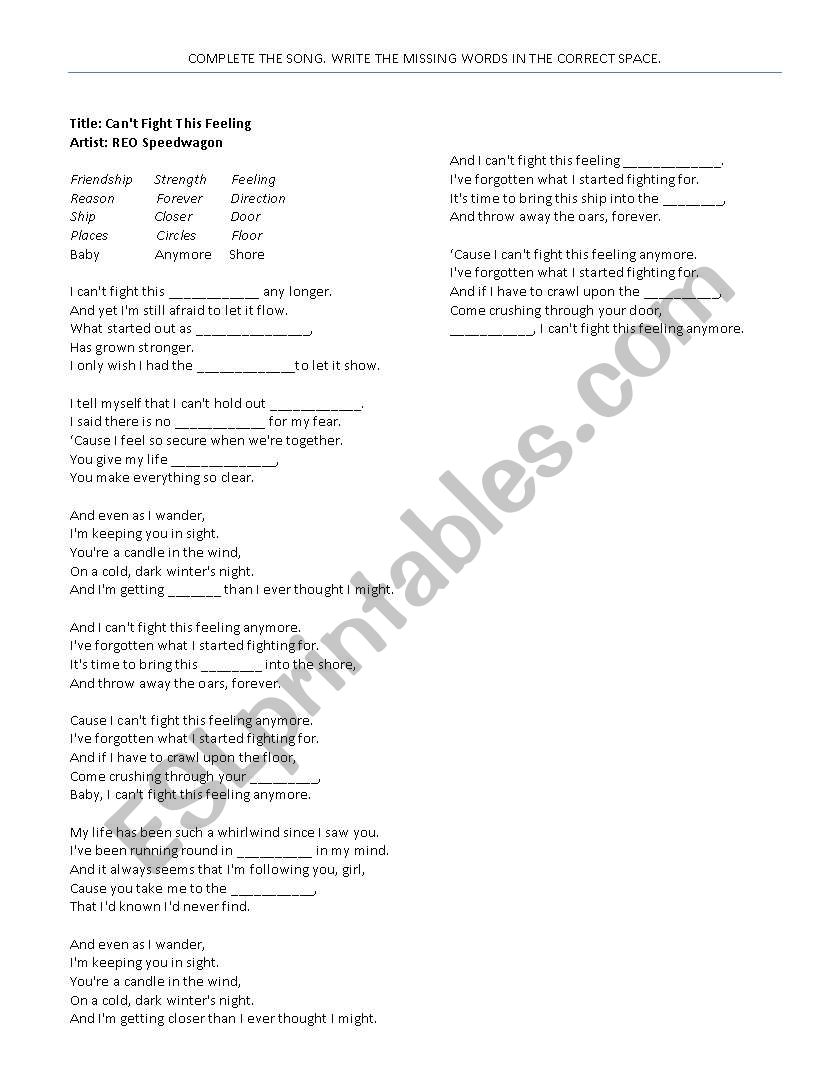 Song Fill-In worksheet