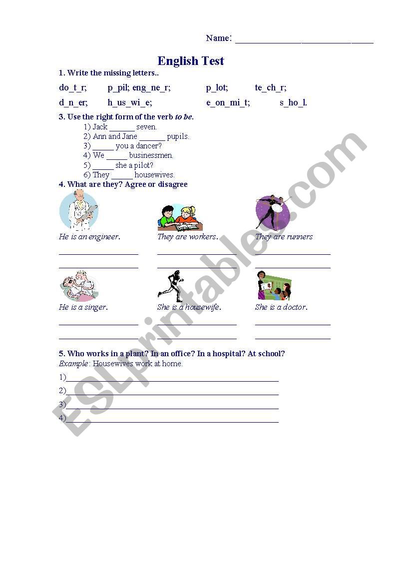 Test to be and jobs worksheet