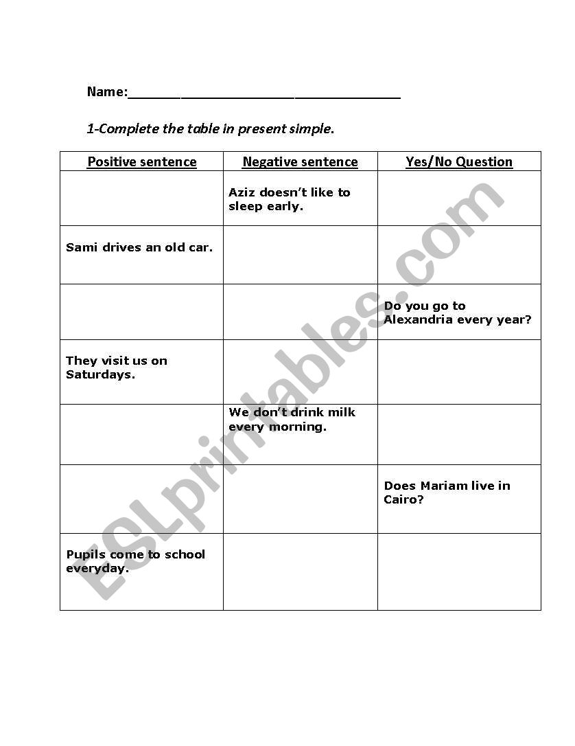 present simple - worksheet worksheet