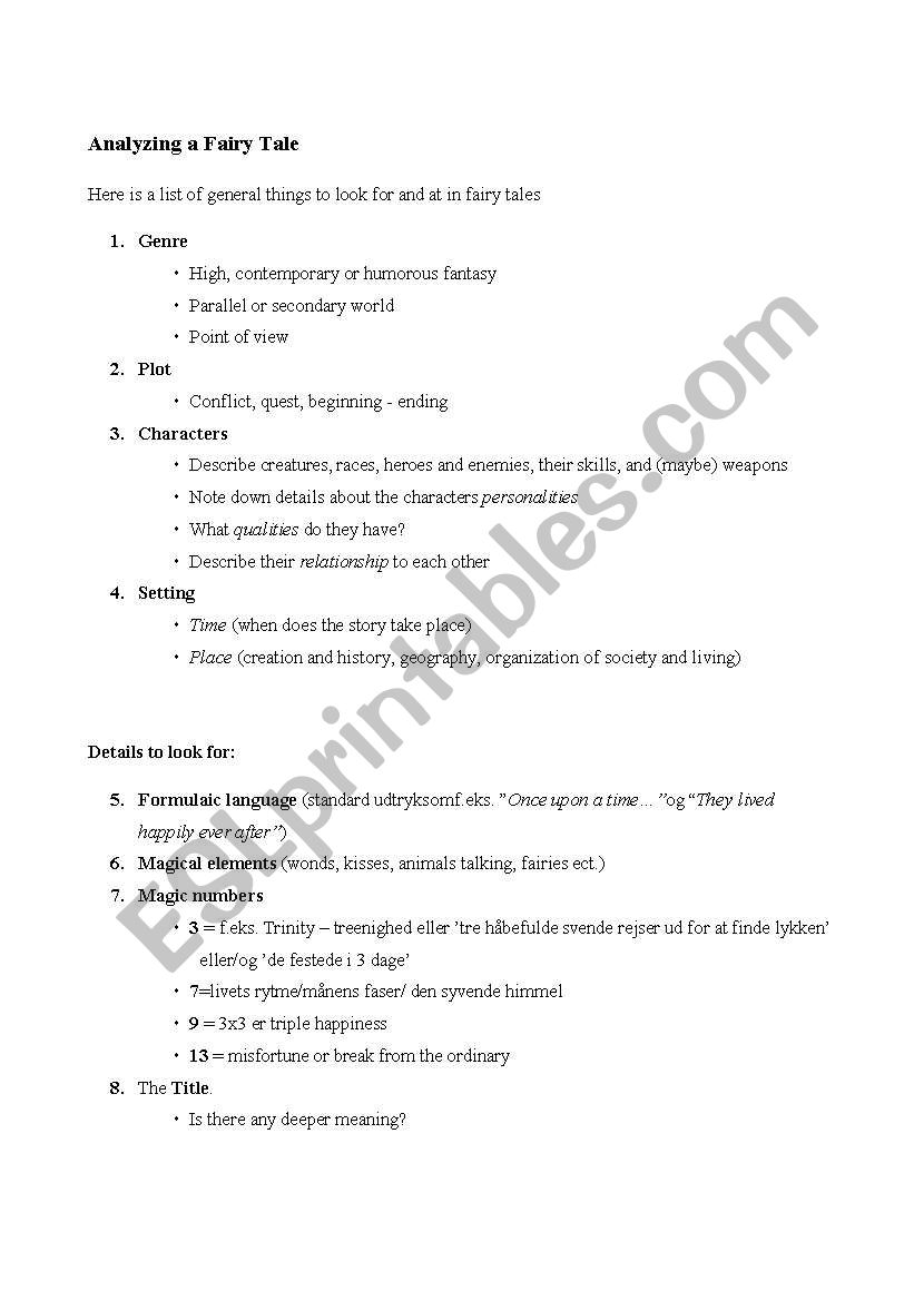 analyzing fairy tale worksheet