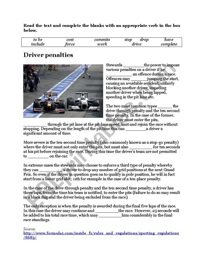 Driver Penalties worksheet