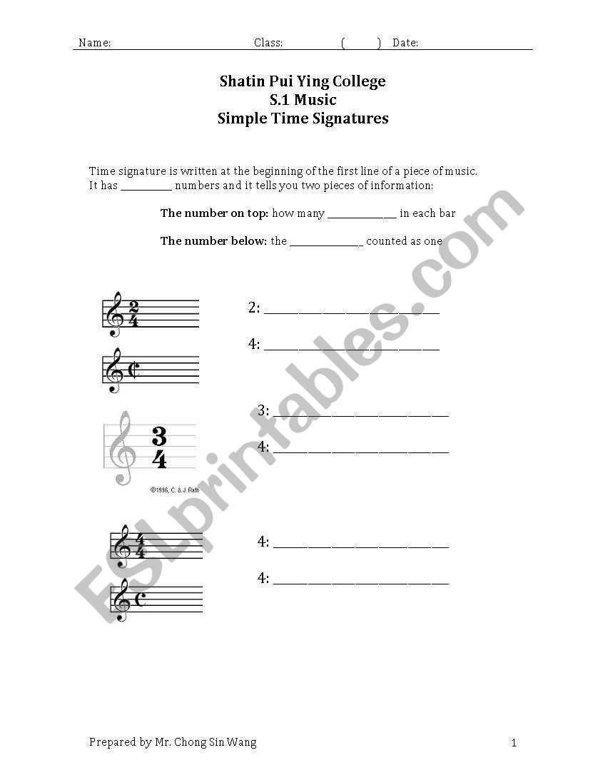 English worksheets: handout on time signatures