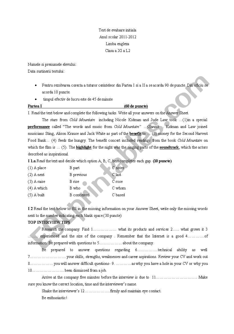 test paper worksheet