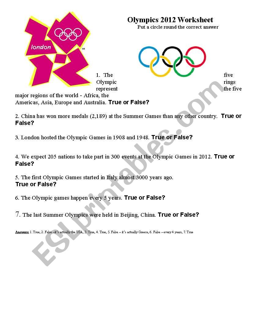 Olympics 2012 Quiz - ESL worksheet by jojo8