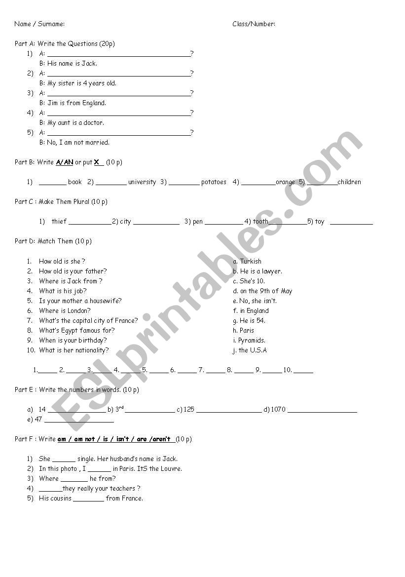 quiz for A1 level worksheet