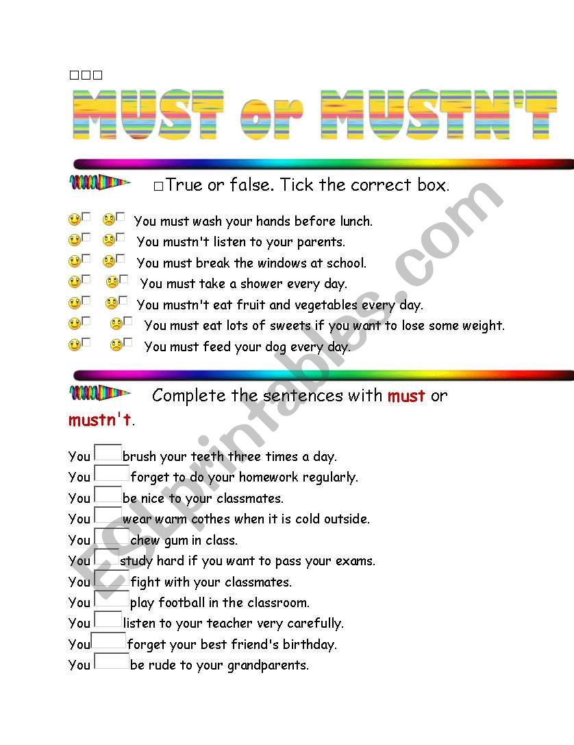 Must or Musnt  worksheet