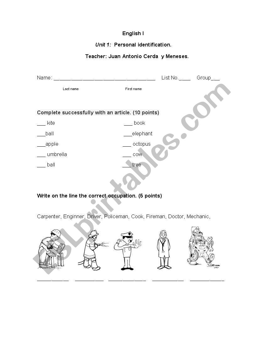 quiz for first grade, first unit