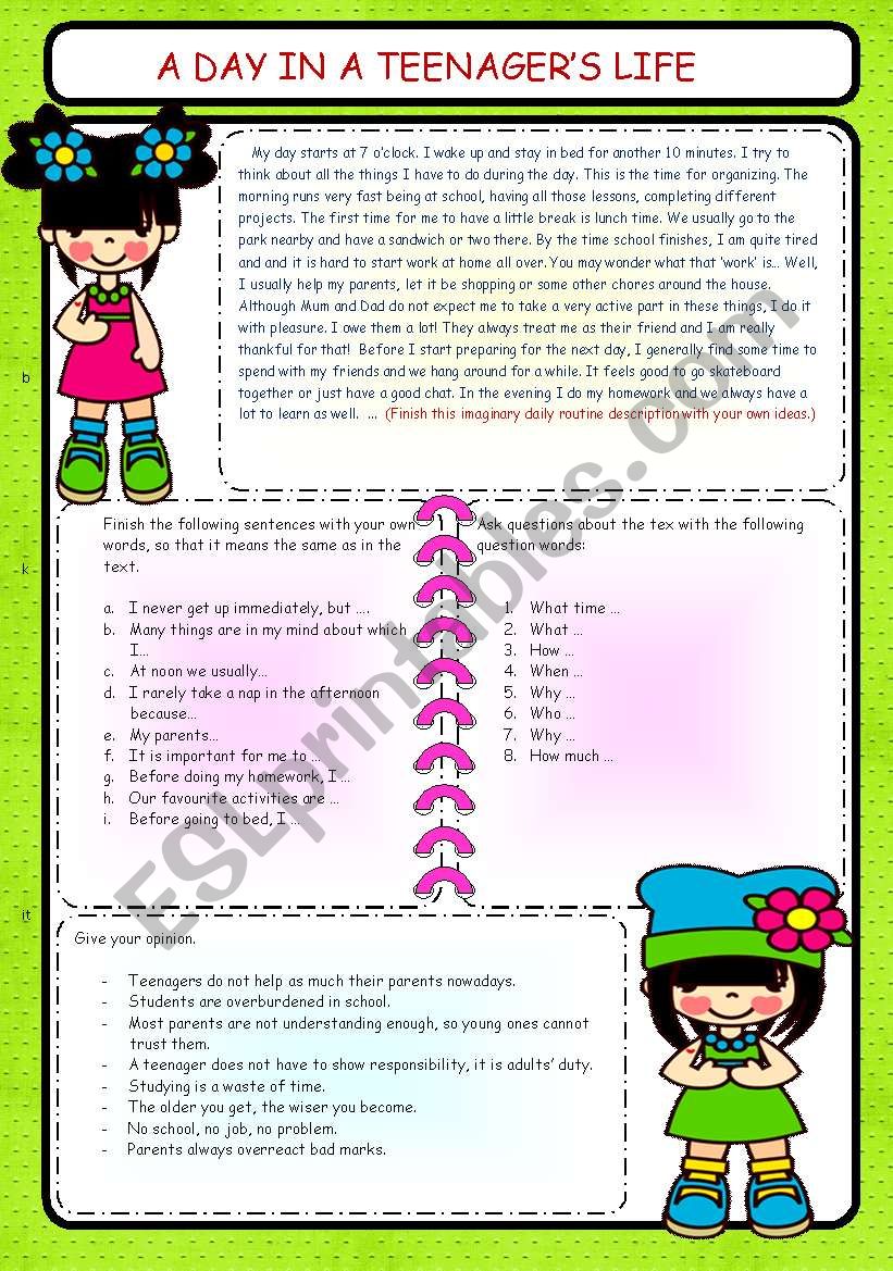 A TYPICAL DAY IN A TEENAGER´S LIFE - ESL worksheet by Loralay