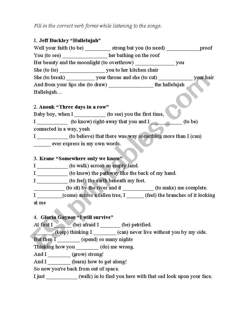 Past Simple Fill in songs worksheet