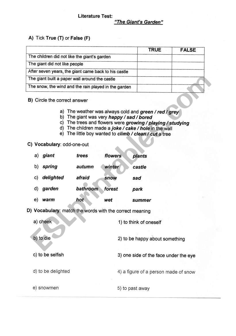 The Giants Garden Test worksheet