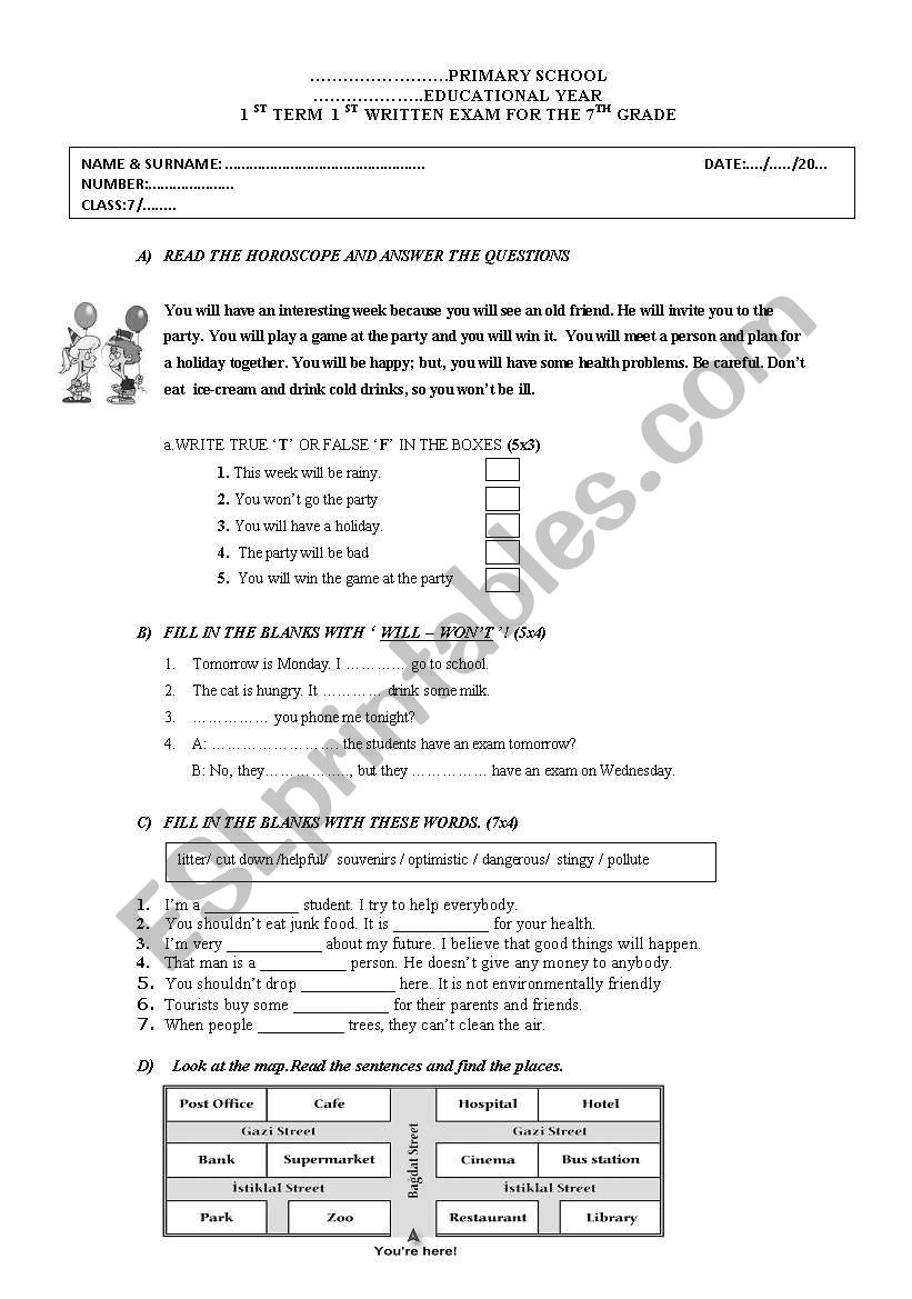 English exam for 7th class worksheet