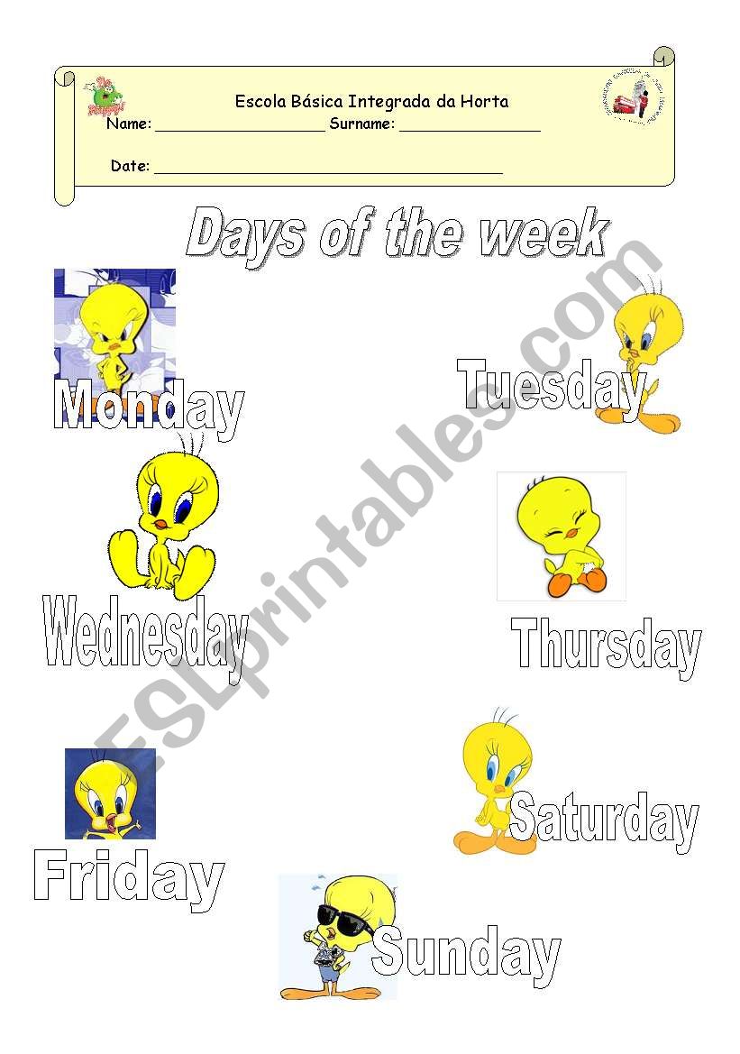 Days of the week worksheet