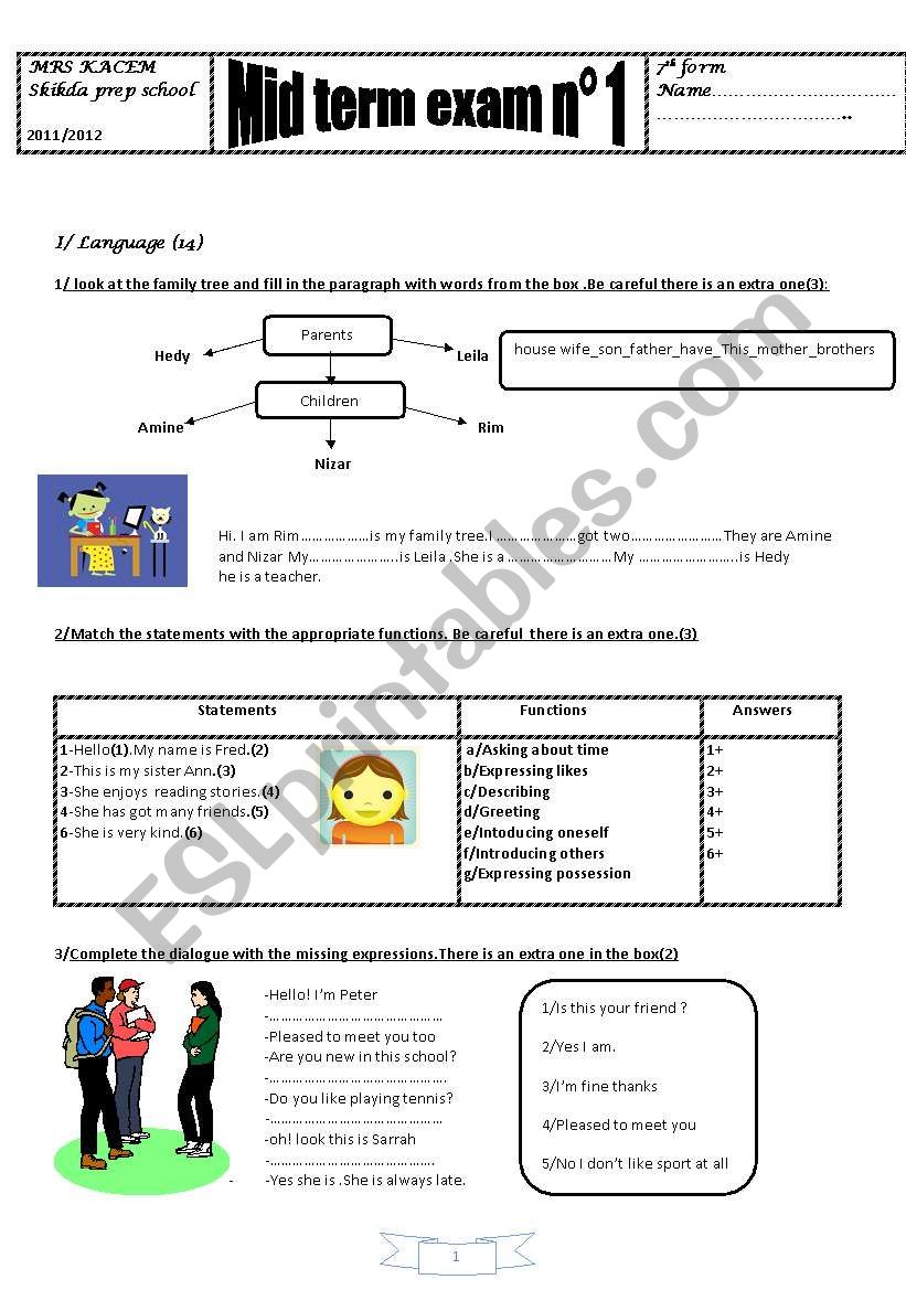 mid term exam 7th form worksheet