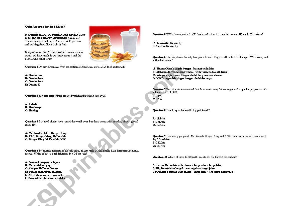 Are you a fast food junkie worksheet