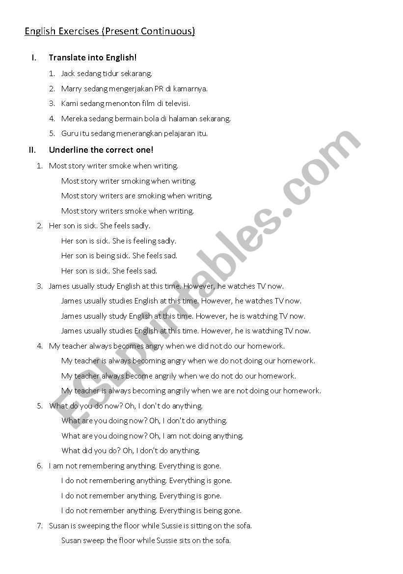 English Exercises for Present Continuous Tense