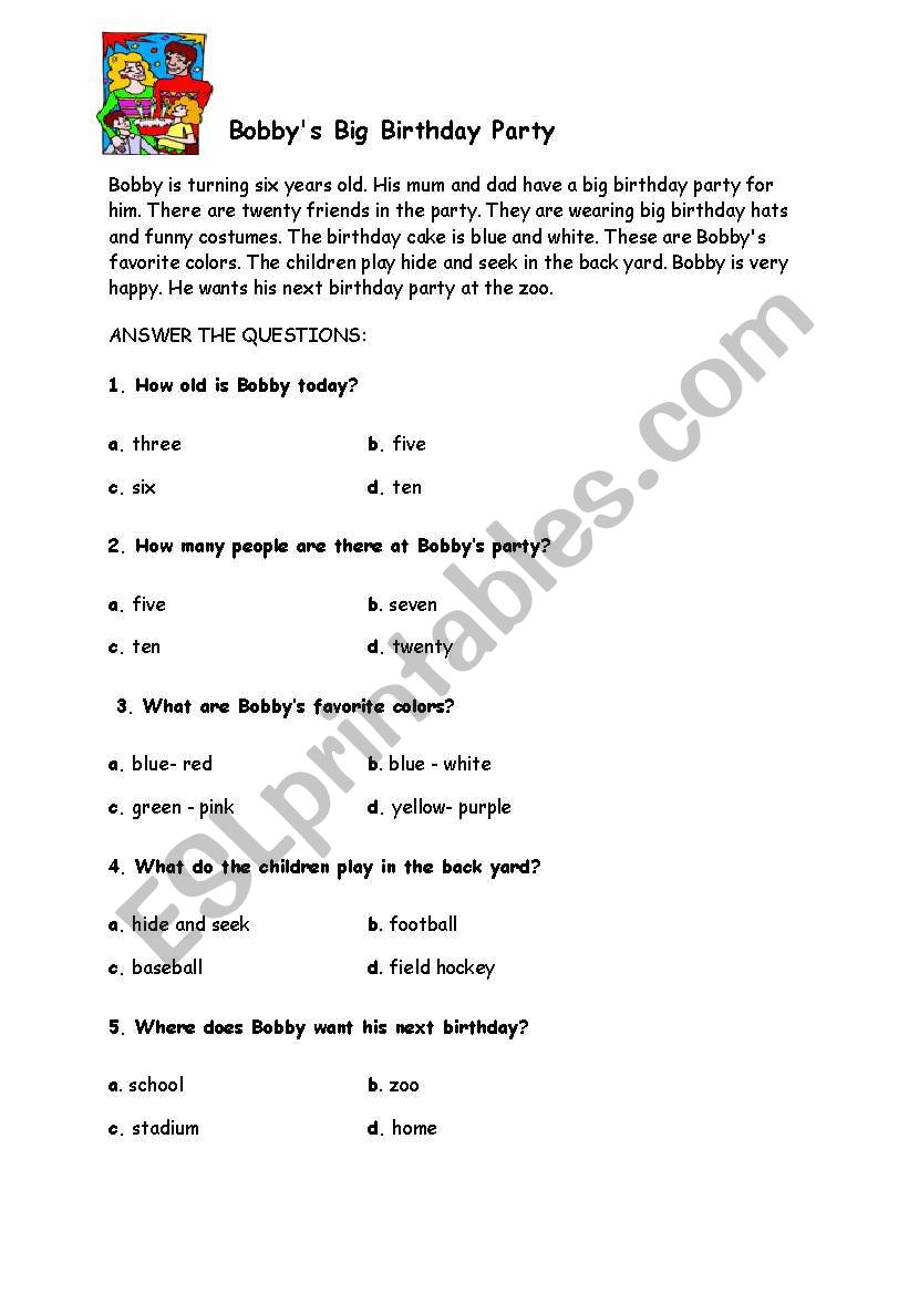 bobbys party worksheet