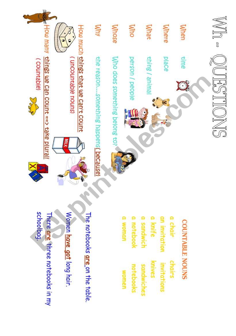  wh questions and report of countable nouns(examples)