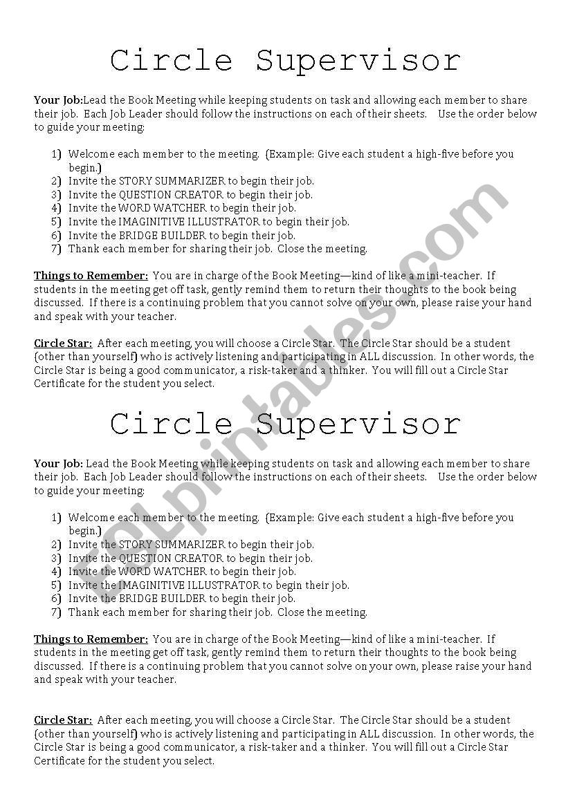 Circle Supervisor Job worksheet
