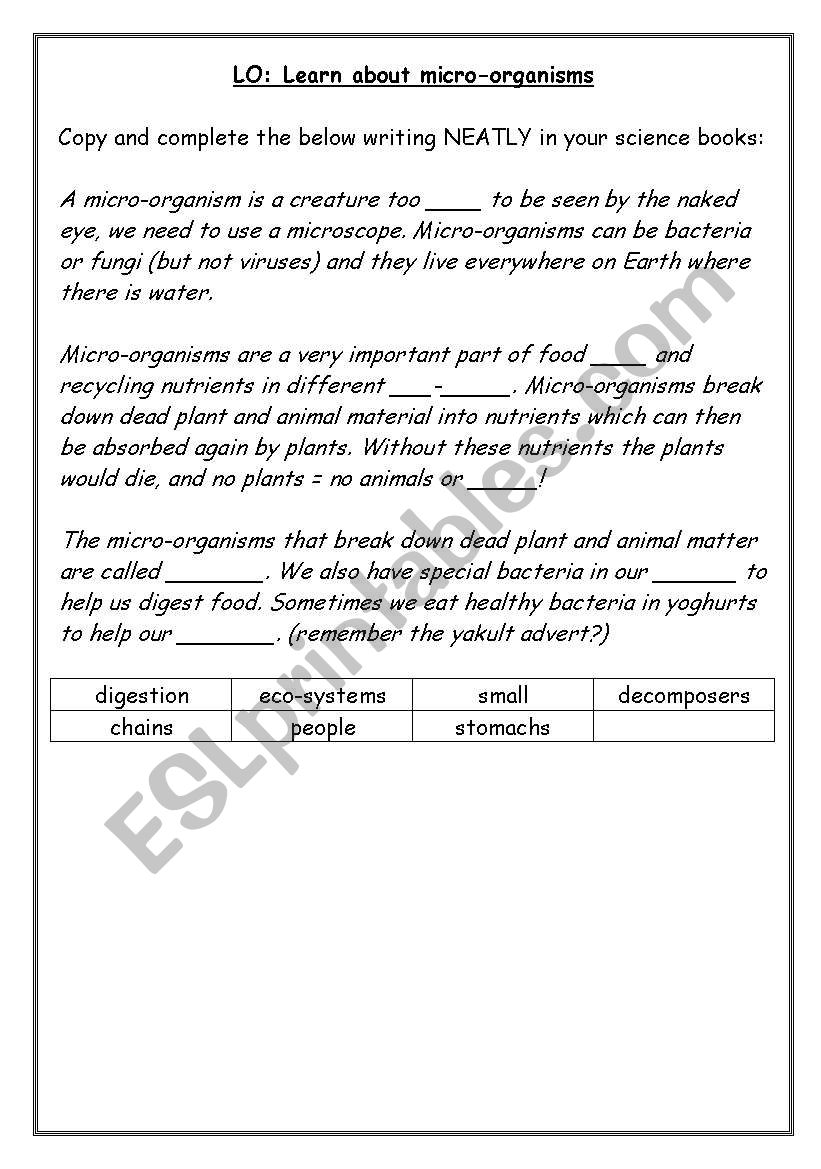 Micro-organisms worksheet