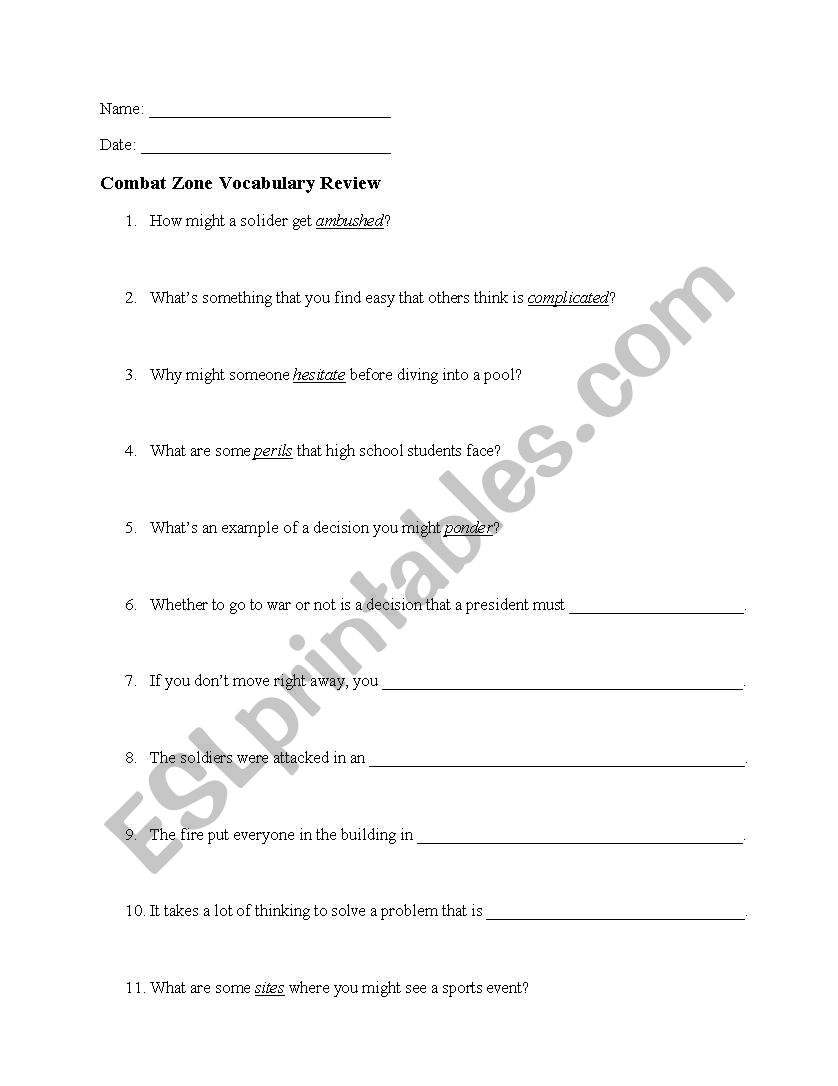 Combat Zone Vocabulary Review worksheet