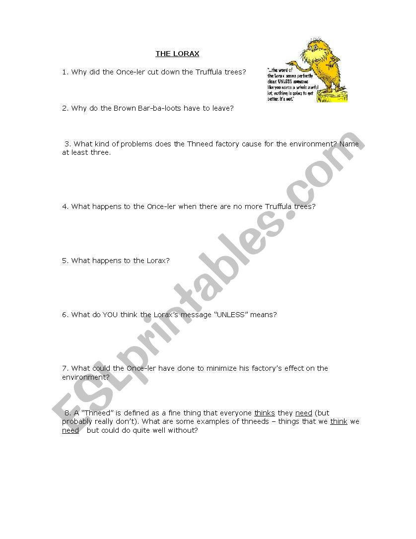 The Lorax worksheet