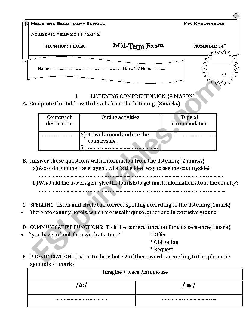 exam worksheet