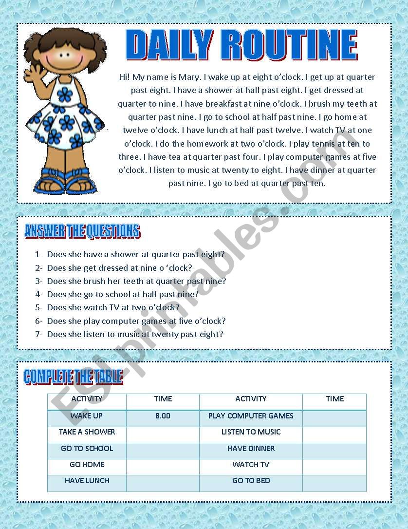 MARY´S DAILY ROUTINE - ESL worksheet by RUBIAURUGUAY