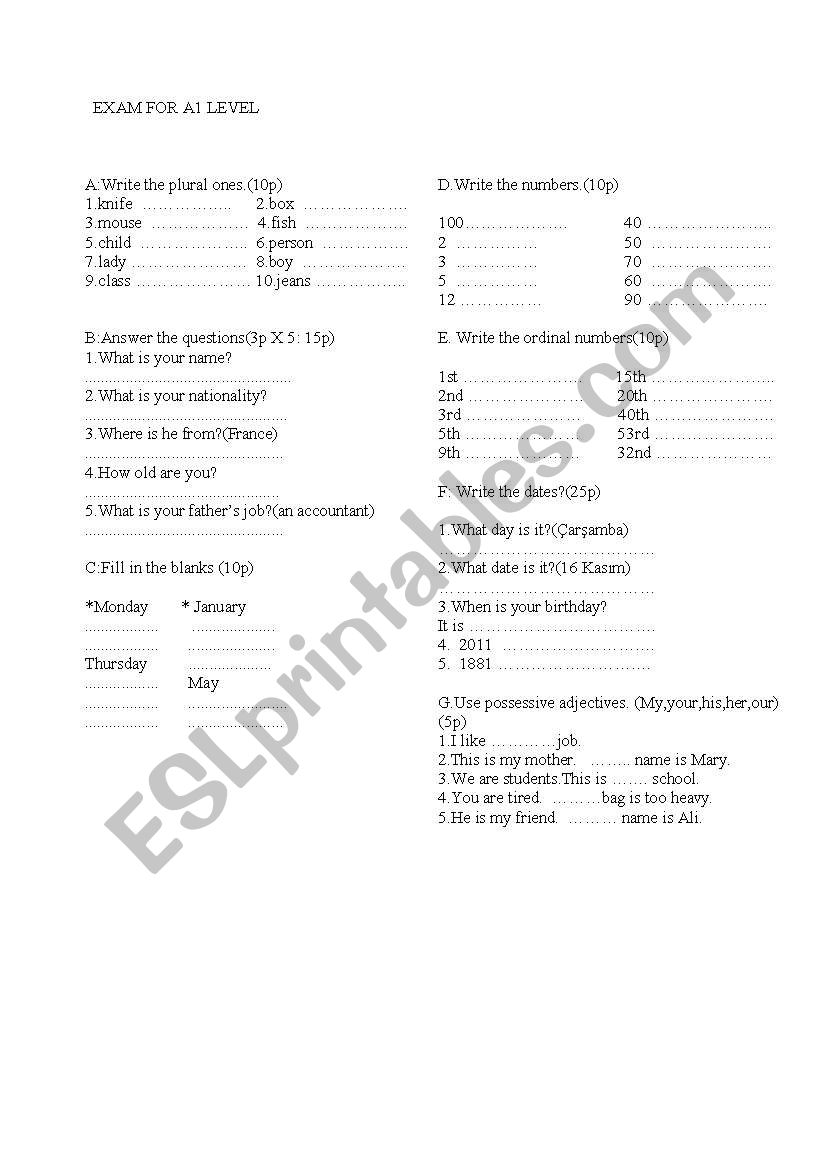 EXAM FOR A1 LEVEL worksheet