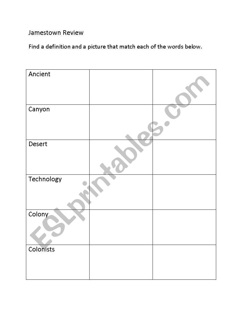 Jamestown Cut and Paste Vocab worksheet