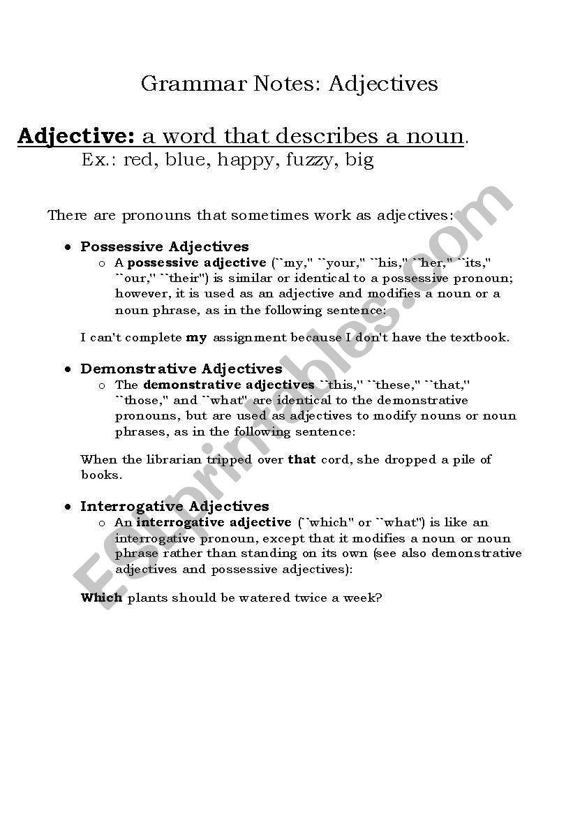 Adjective Notes worksheet