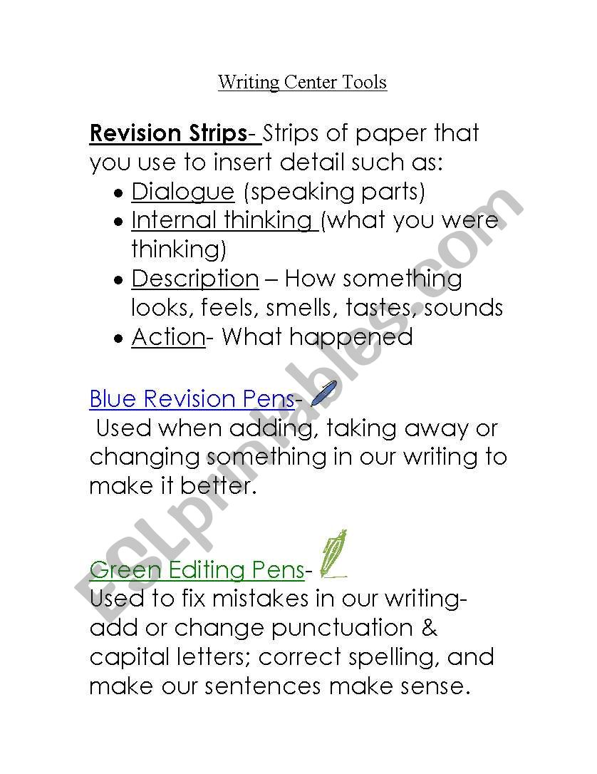 writing center tools worksheet