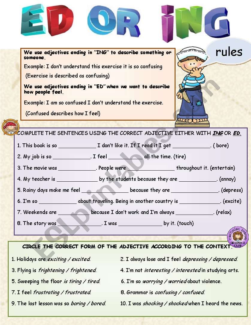 Adjective Ed And Ing Worksheet