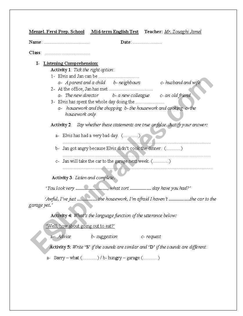 mid term test1 1st form secondary