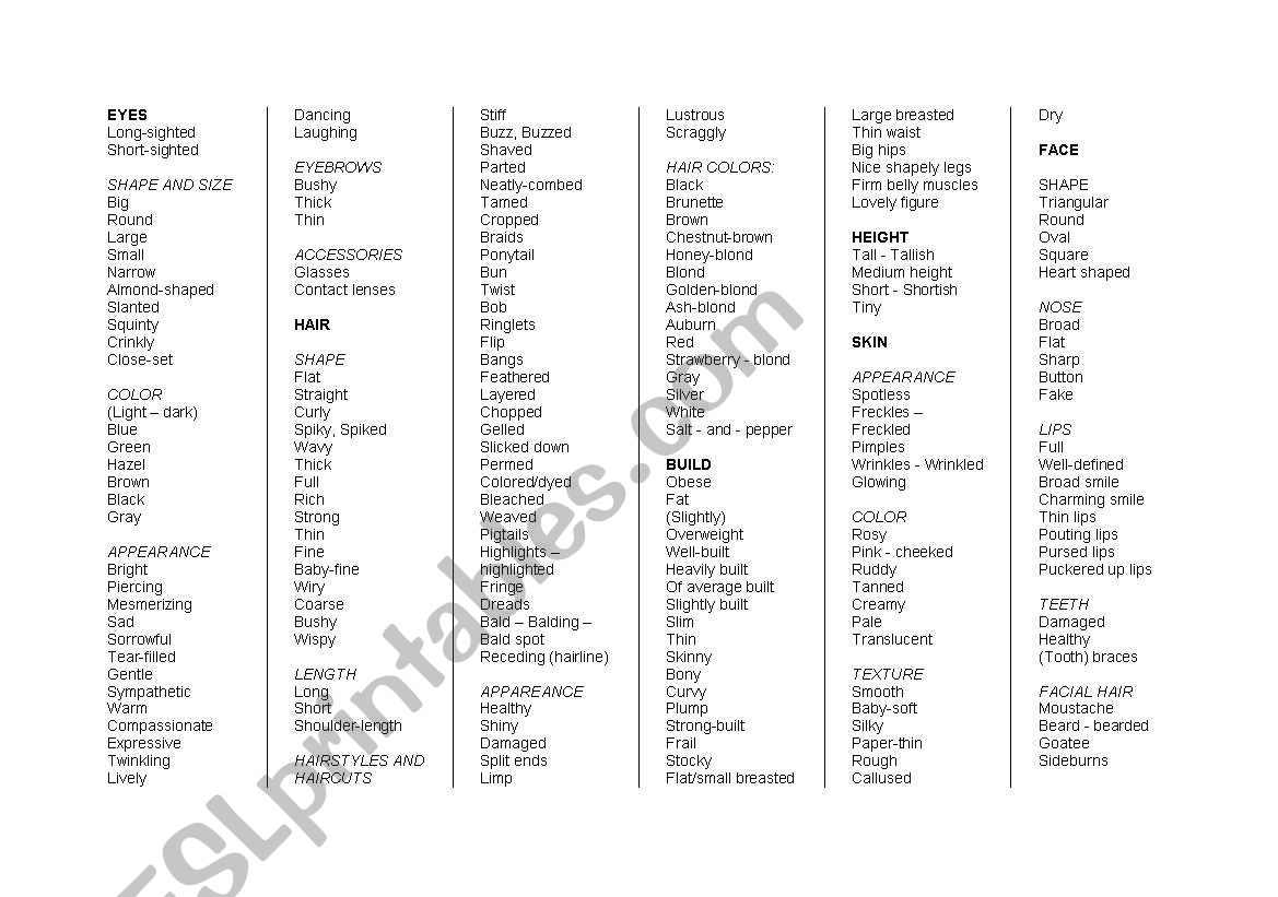 Vocabulary on Physical Description