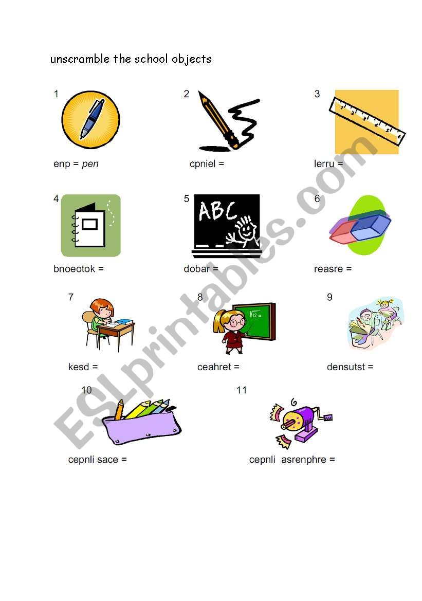 school objects worksheet