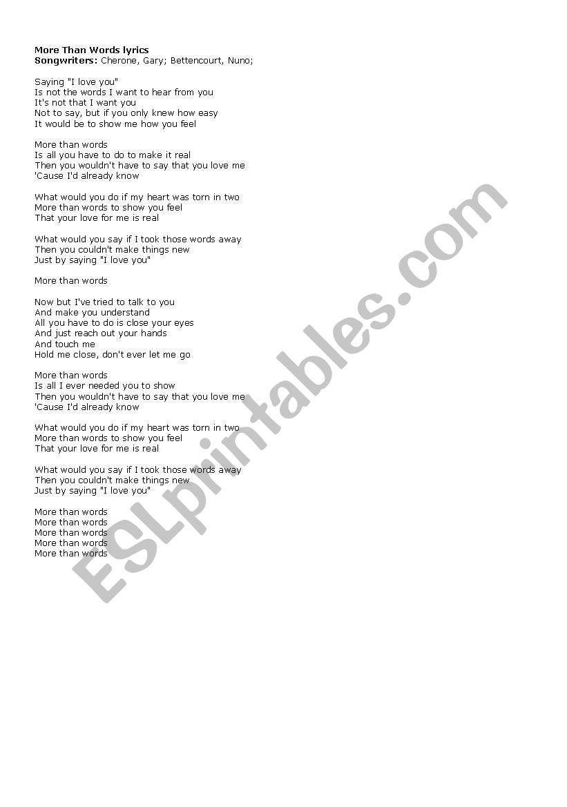 More Than Words Extreme Song Esl Worksheet By Hasperj