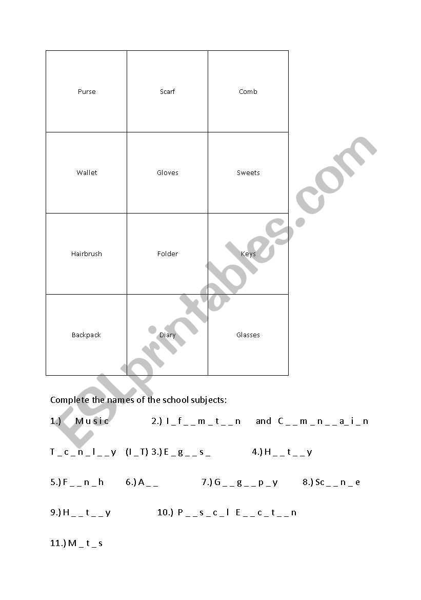vocabulary on possessions worksheet