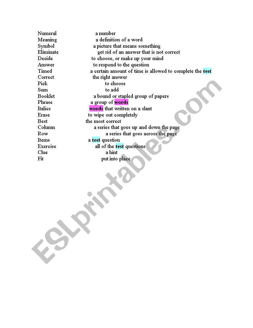 Test Taking Directions worksheet