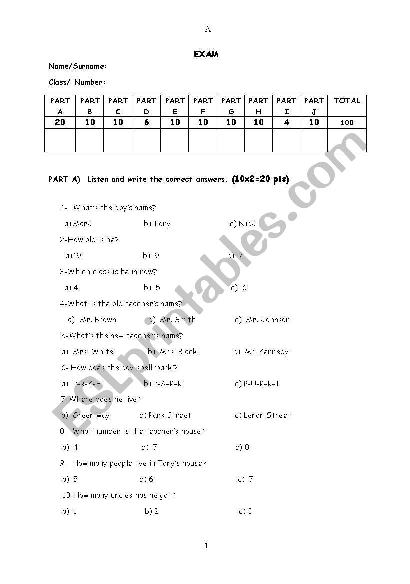 exam worksheet