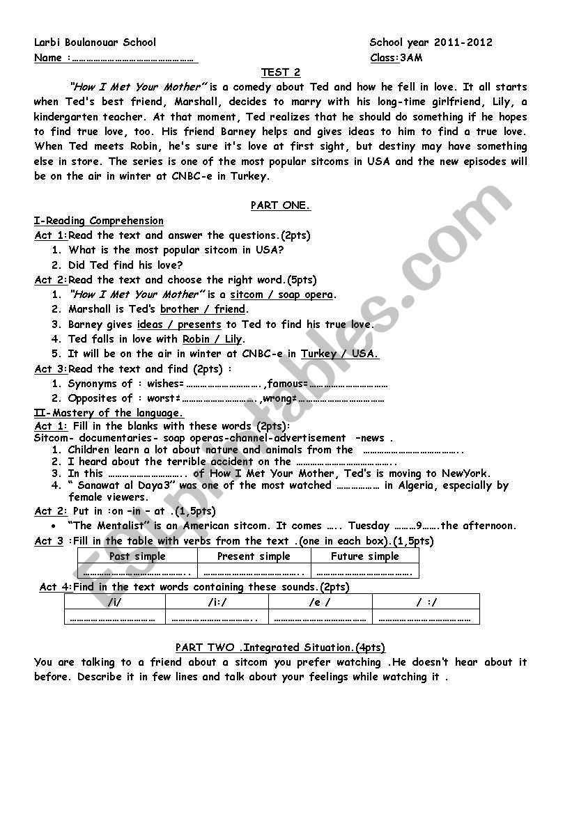 SITCOM TEST worksheet